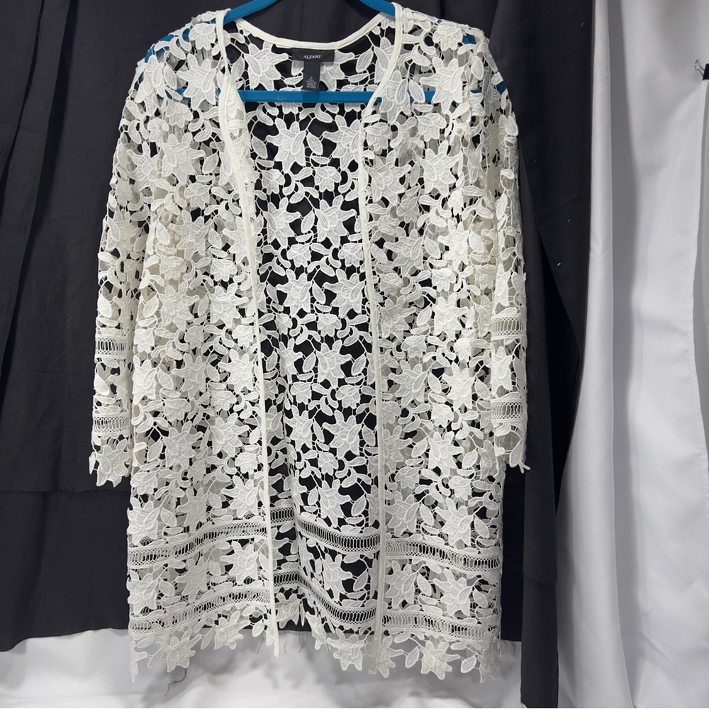 Alfani Ivory Lace Cardigan White Duster Jacket Sz S Jacket Overlay Coat